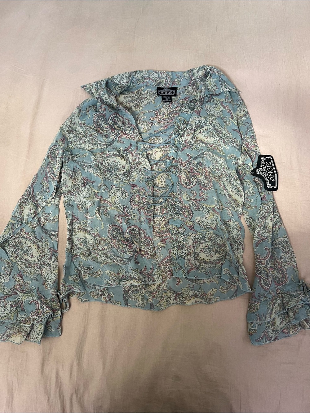 Angie Light Blue Paisley Lace-Up Long Sleeve Blouse